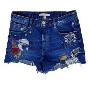 Zara Womens Shorts Size 4 Medium Wash Denim Button Fly High‎ Rise Embroidered